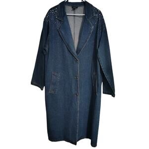 Baccini Denim Jeans Jacket Long Trench Coat Stars Duster Vintage 1980's Blue